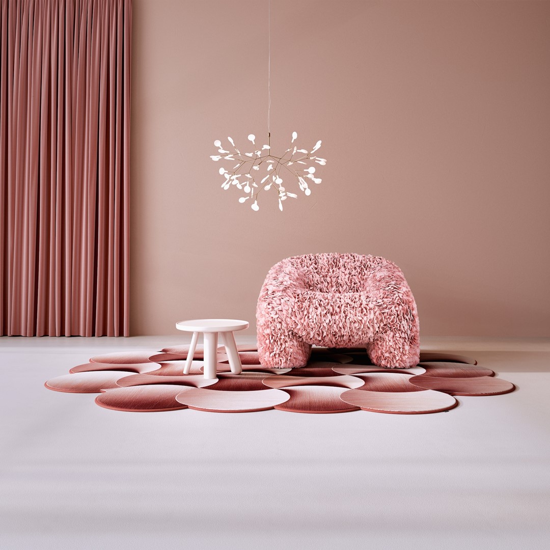 Het Sand-tapijt voor Moooi Carpets in roze met de Rosewood Dreams-sfeer.
