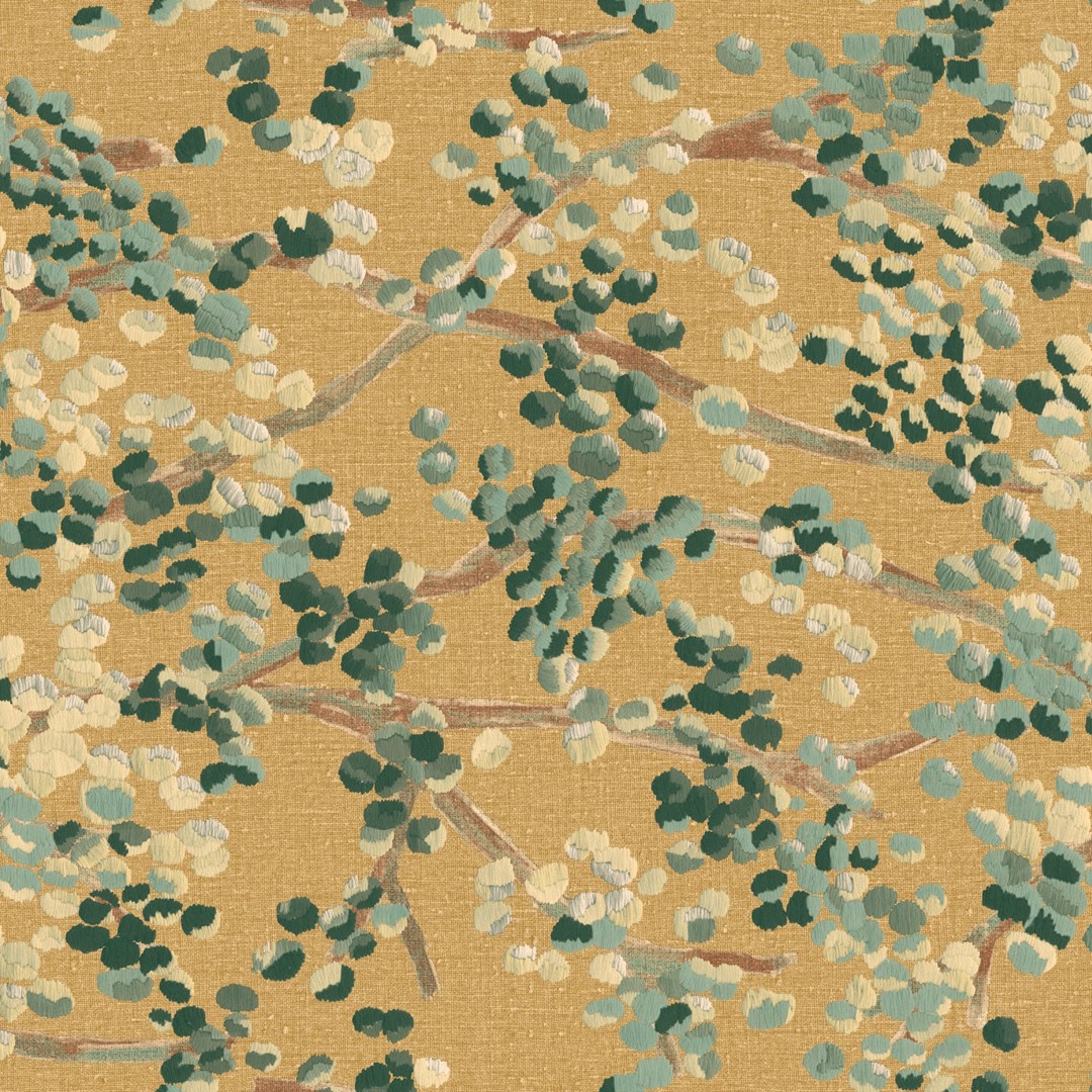 Behang van Élitis uit de Lin Brodés collectie, met matte linnenlook en geborduurd bloemenpatroon in groene en beige tinten.