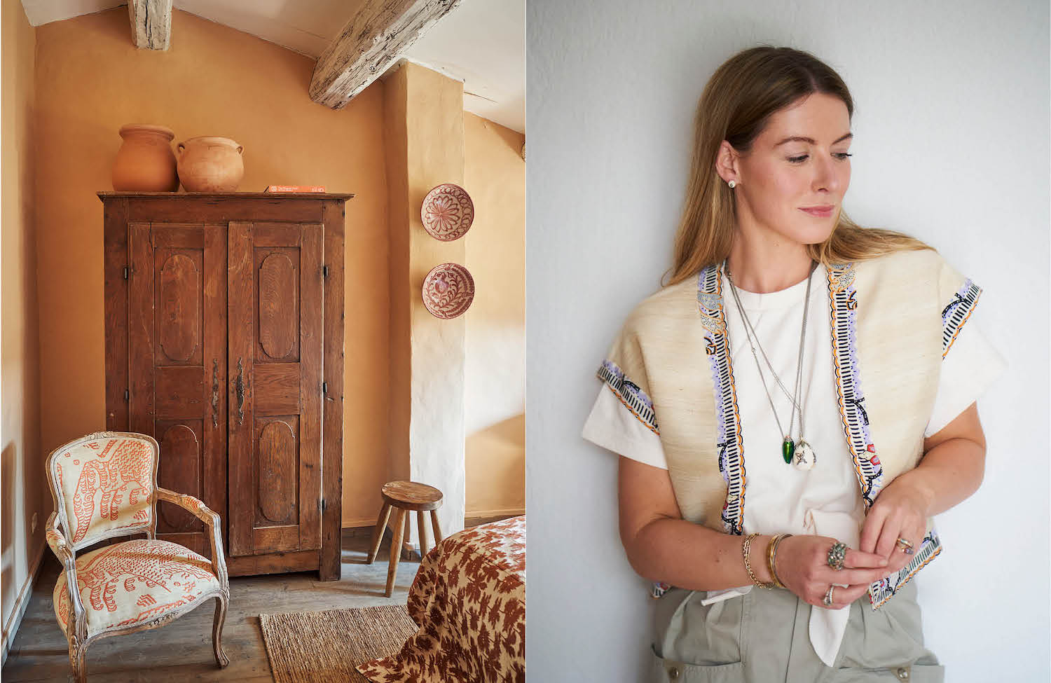 Holiday bedroom, de muren in Faded Terracotta van Farrow & Ball x Kelly Wearstler. De antieke stoel werd bekleed met stof van Dedar. De Spaanse keramieken schalen zijn te koop bij Noëlle in de studio. Linkerfoto: Justin Michel,