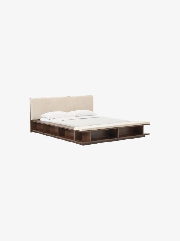 Bed met hoofdbord in beige stof en houten frame met opbergvakken