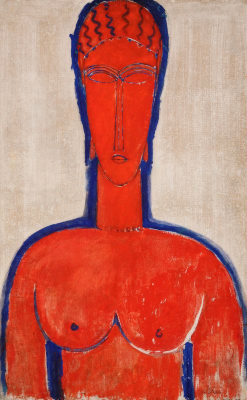 Le Grand Buste Rouge (1913) van Amedeo Modigliani, olie op doek, 81,5 x 51 cm. Het schilderij toont een gestileerd vrouwelijk naakt in fel rood met blauwe contouren, een iconisch voorbeeld van Modigliani’s expressieve en moderne stijl.