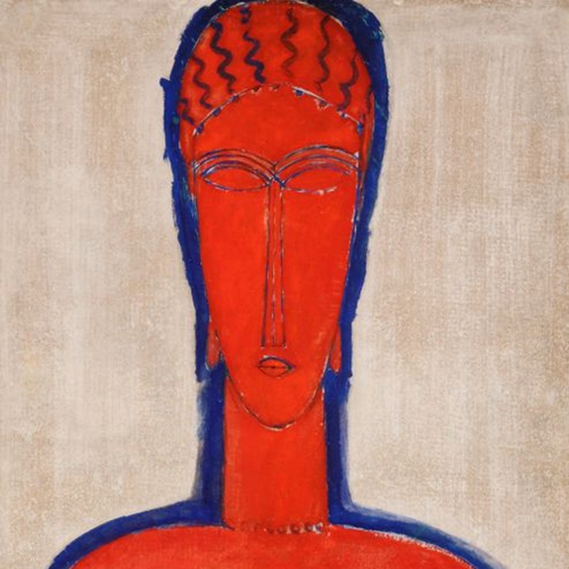 Le Grand Buste Rouge (1913) van Amedeo Modigliani, olie op doek, 81,5 x 51 cm. Het schilderij toont een gestileerd vrouwelijk naakt in fel rood met blauwe contouren, een iconisch voorbeeld van Modigliani’s expressieve en moderne stijl.
