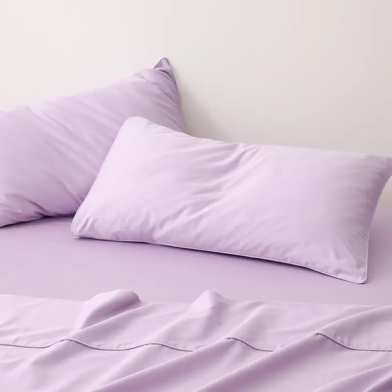 Lavendelkleurig beddengoed met kussens in een rustige, lichte slaapkamer