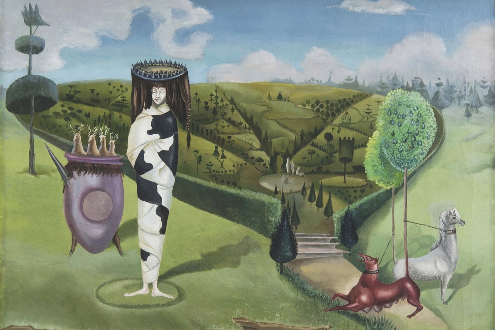 Leonora Carrington schilderij surrealistisch landschap met symbolische figuren