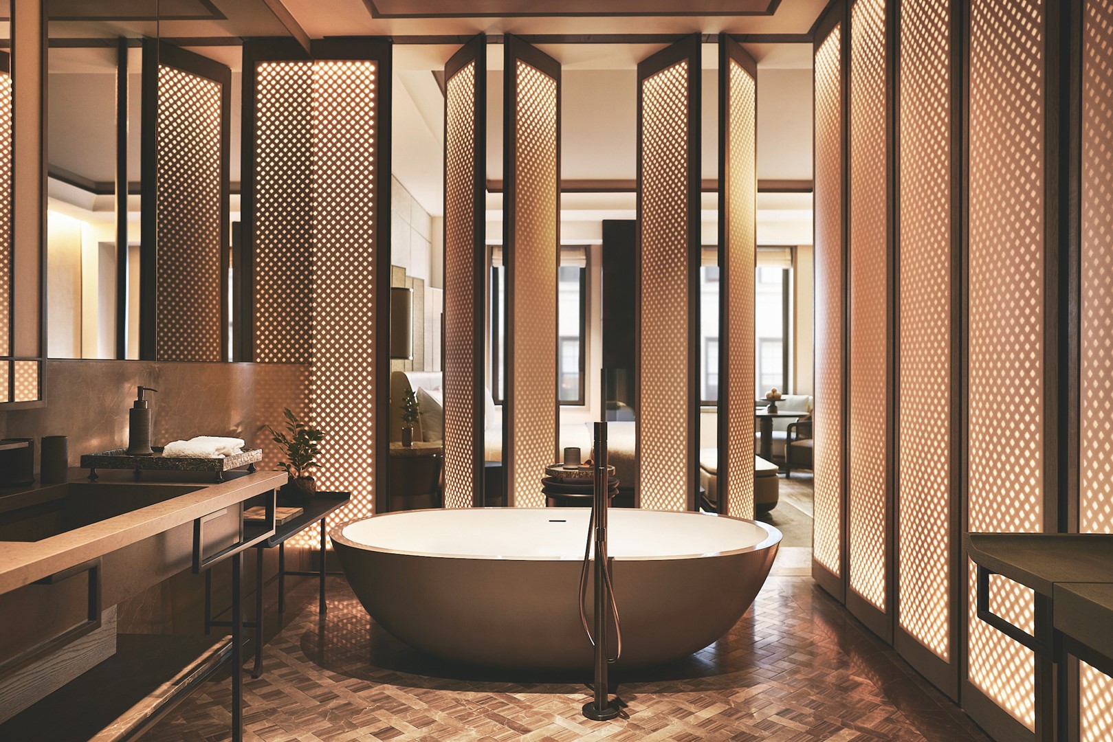 Een badkamer in Aman New York.