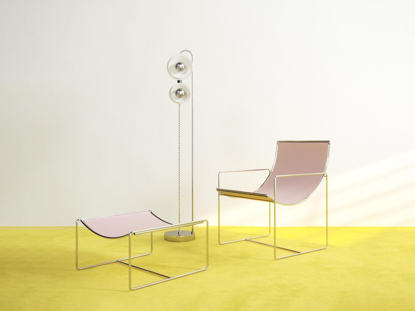 LOMM Editions. Lampadaire DUO, Fauteuil et Pouf FILO (2021). © LOMM Editions