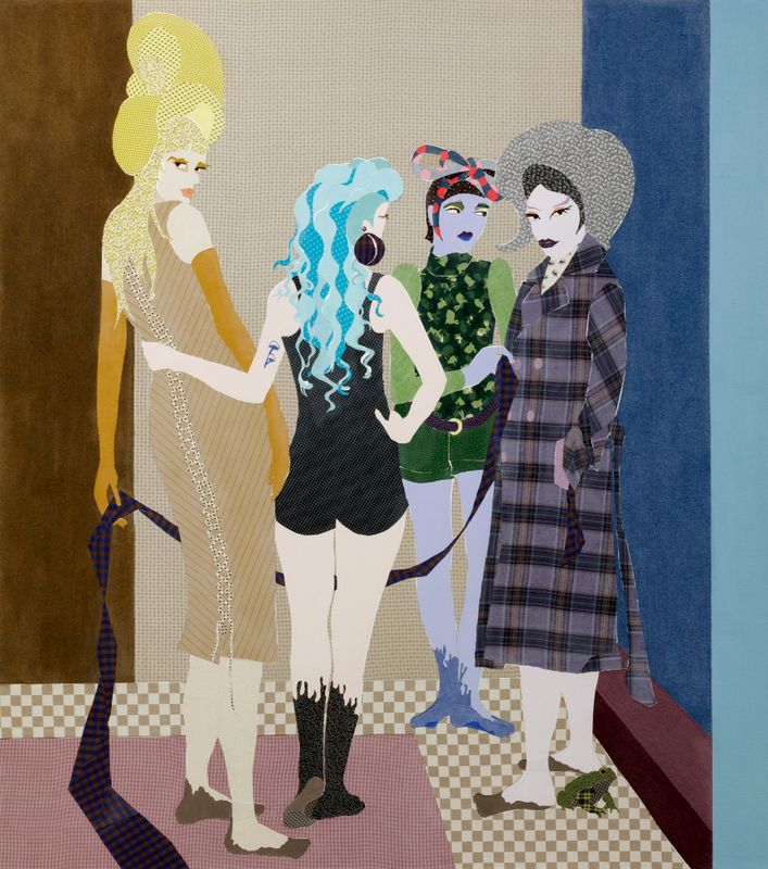 Textielwerk Scherpe Tongen (2024) van Lara Schnitger, te zien in Singer Laren. Het kleurrijke doek toont vier figuren in gesprek en bevraagt traditionele rolpatronen en opvattingen over vrouwelijkheid.