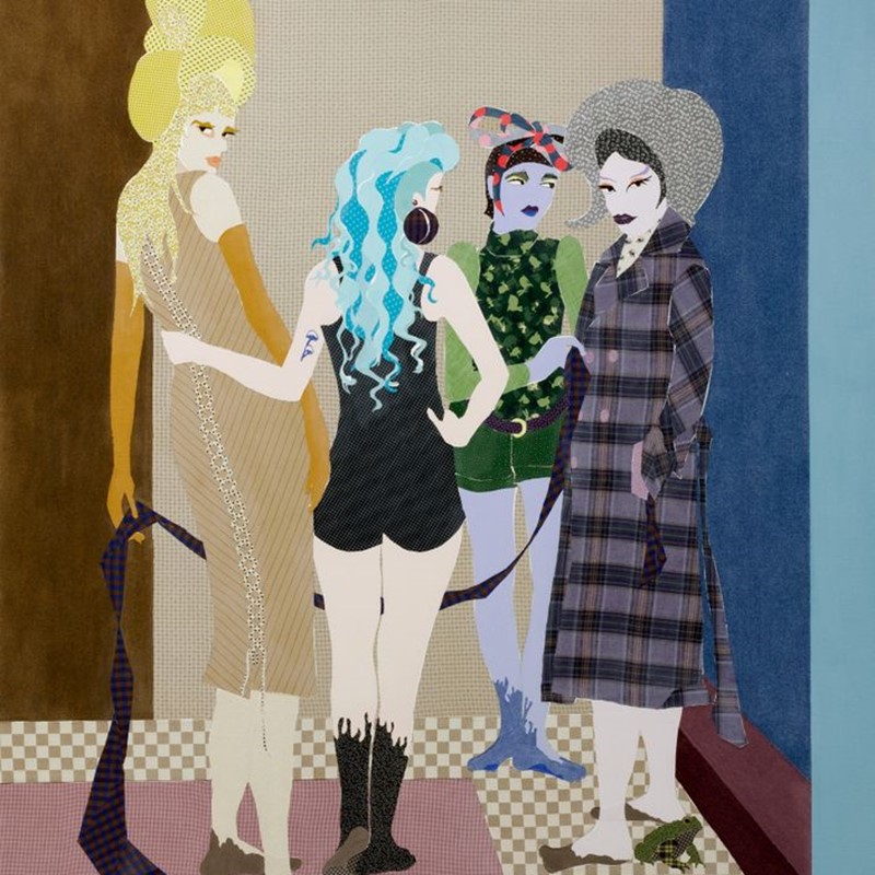 Textielwerk Scherpe Tongen (2024) van Lara Schnitger, te zien in Singer Laren. Het kleurrijke doek toont vier figuren in gesprek en bevraagt traditionele rolpatronen en opvattingen over vrouwelijkheid.