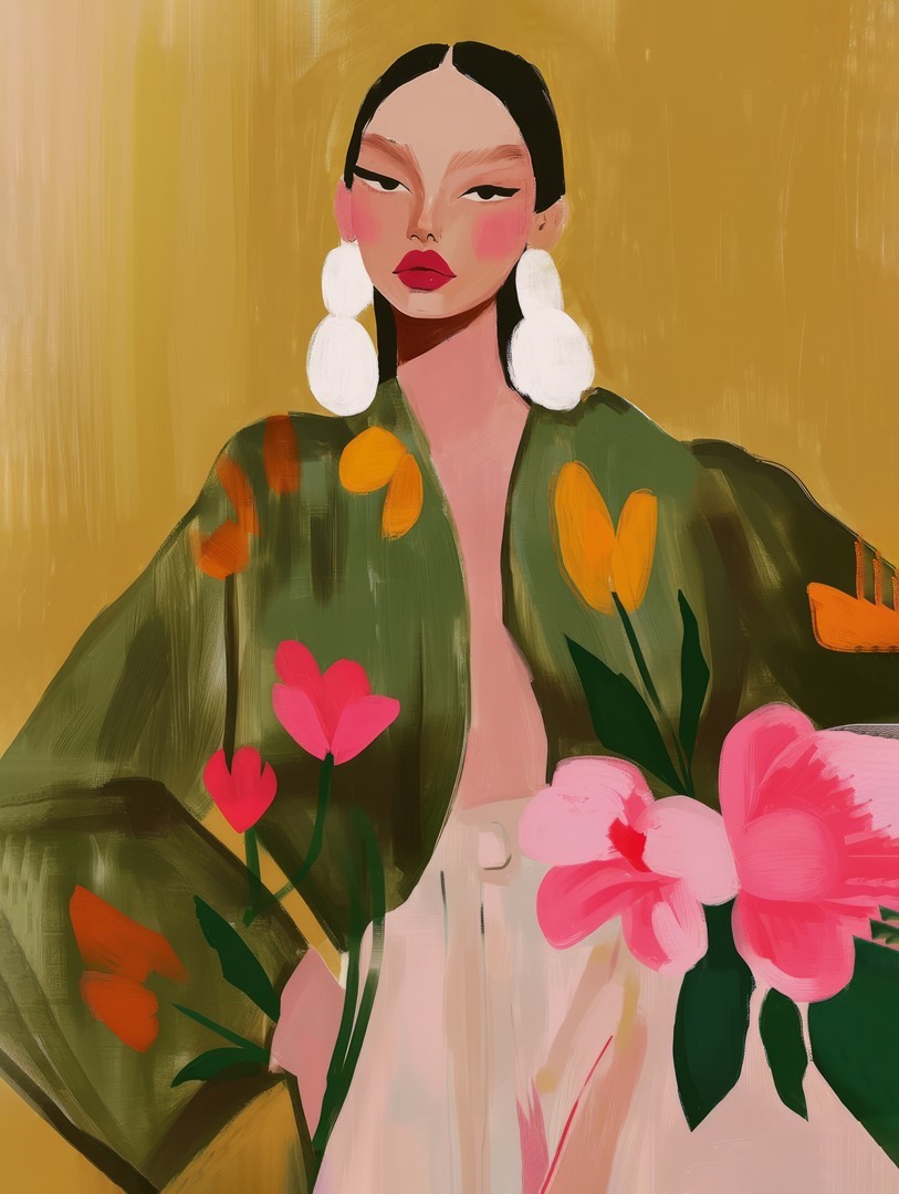 Kleurrijk en abstract portret van een vrouw in warme tinten, met zwarte haren, grote witte oorbellen en een groene kimono met bloemen. Het werk heeft een expressieve, schilderachtige stijl en is van Carla Van Iersel, via Werk aan de Muur.