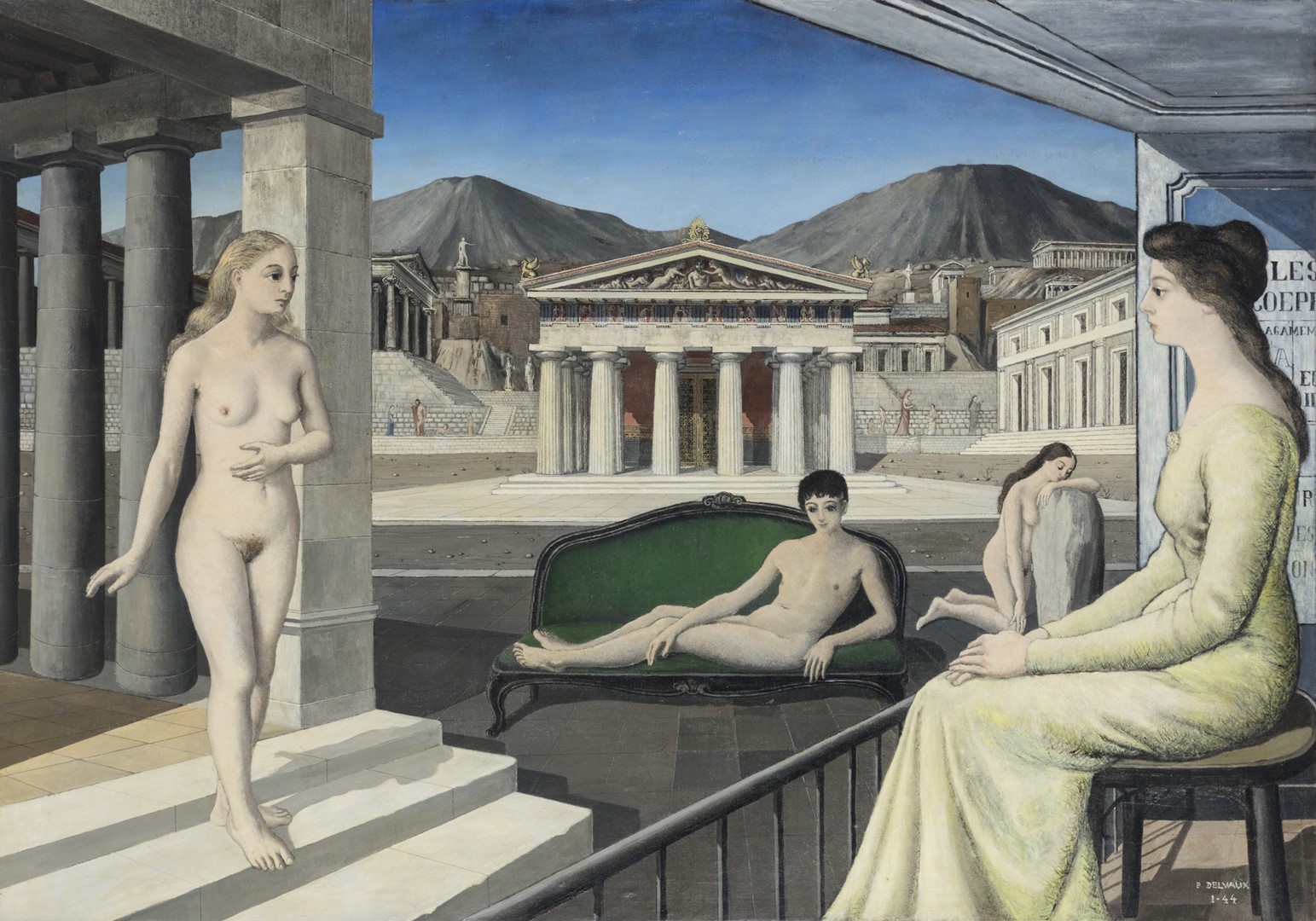 Le Canapé Vert  uit 1944 van  Paul Delvaux.  © Foundation Paul Delvaux, Belgium, SABAM, 2023.