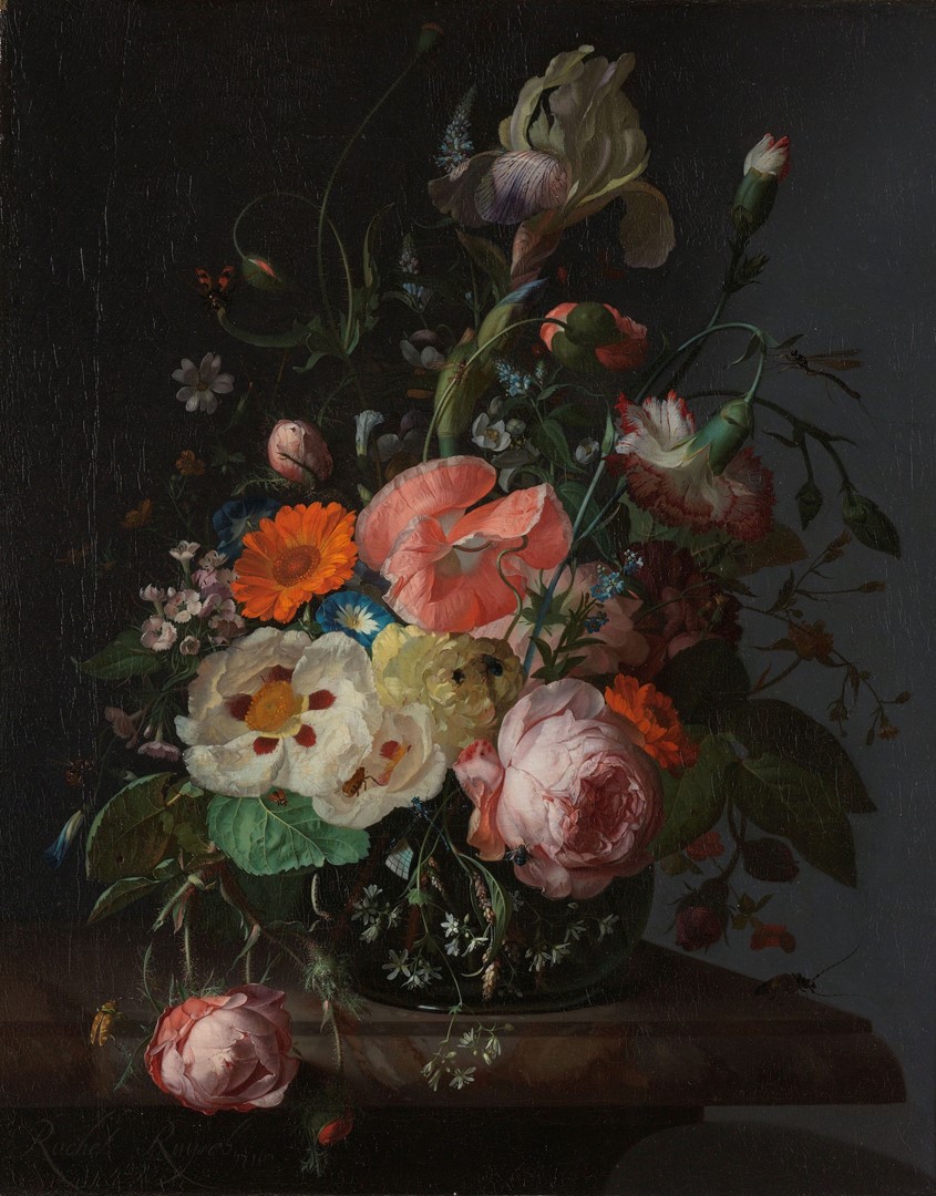 Rachel Ruysch, Stilleven met bloemen op een marmeren tafelblad, 1716. Aankoop met steun van de Vereniging Rembrandt.