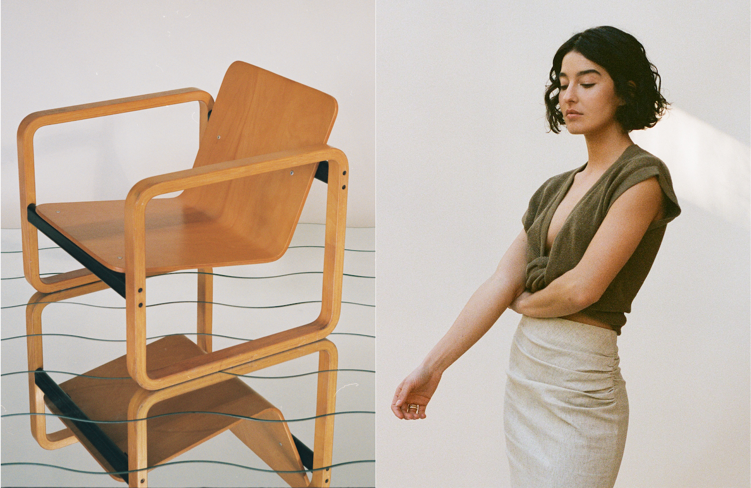 Stoel van gebogen hout van ontwerper Aeon Mondial (1980).