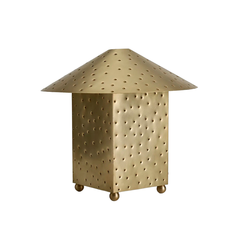 Gouden Lin tafellamp met geperforeerde kap en voet, strak vierkant design met subtiele stippenstructuur, stijlvolle lamp voor slaapkamer of woonkamer.