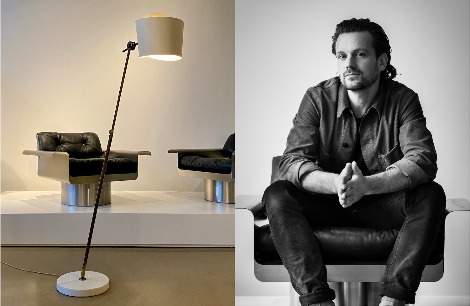 Lamp van Tito Agnoli en Douglas Lounge Chairs van Pierre Folie (1960, Frankrijk).