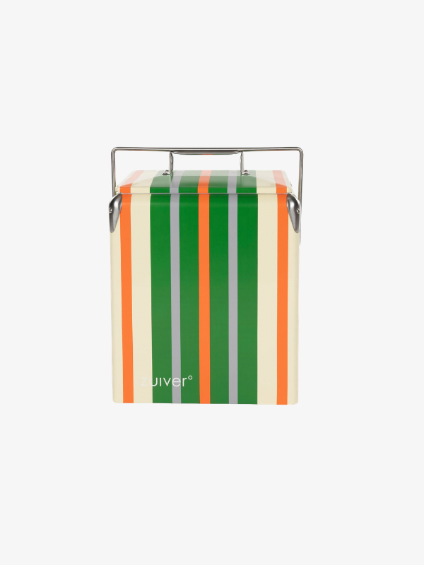 Retro koelbox van Zuiver met groen, oranje en crème gestreept patroon en metalen hengsel