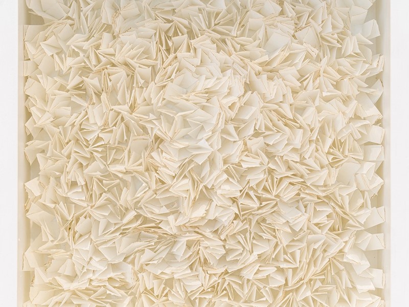 V fold w/burnt edge, Rakuko Naito (1935), Japanese paper on board (folded burnt edge), 2014.