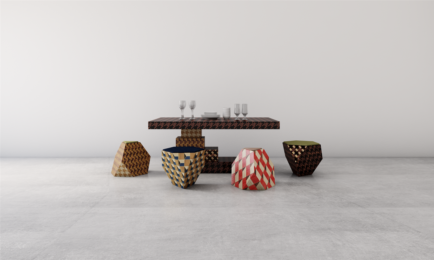 Trinity Table en Poofs. 