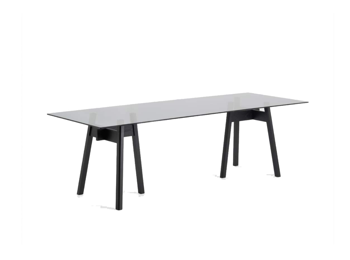 Minimalistische rechthoekige eettafel met een dun, donker tafelblad en twee zwarte houten schraagpoten, uitgevoerd in een strak en eigentijds Japans design tegen een lichte achtergrond.