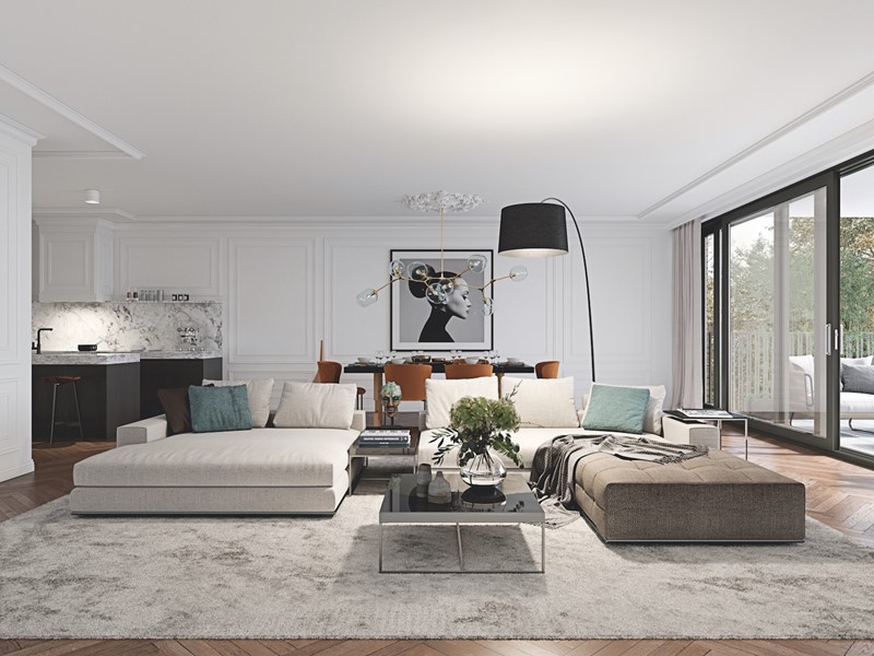 De plafonds van bijna drie meter hoog geven de appartementen extra cachet.