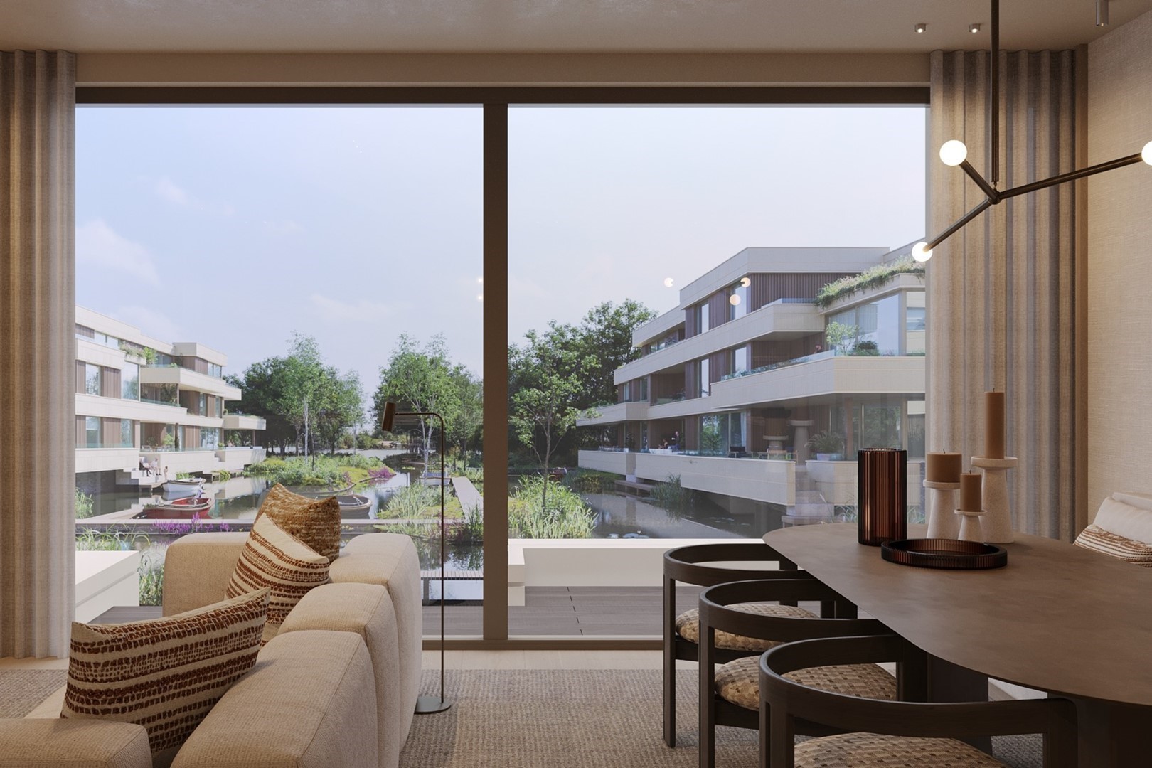 Impressie van het interieur in Lake Estate Hillegersberg, met terras en uitzicht over de Bergse Achterplas.