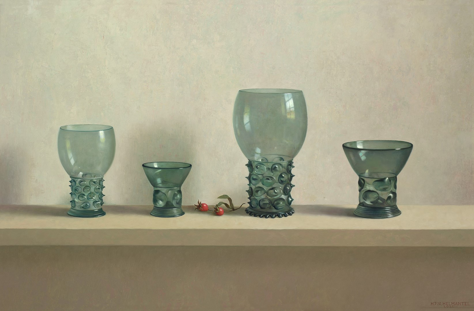 Vier drinkglazen uit de 17e eeuw en rozenbottels,  Henk Helmantel, olieverf op paneel, 2020.